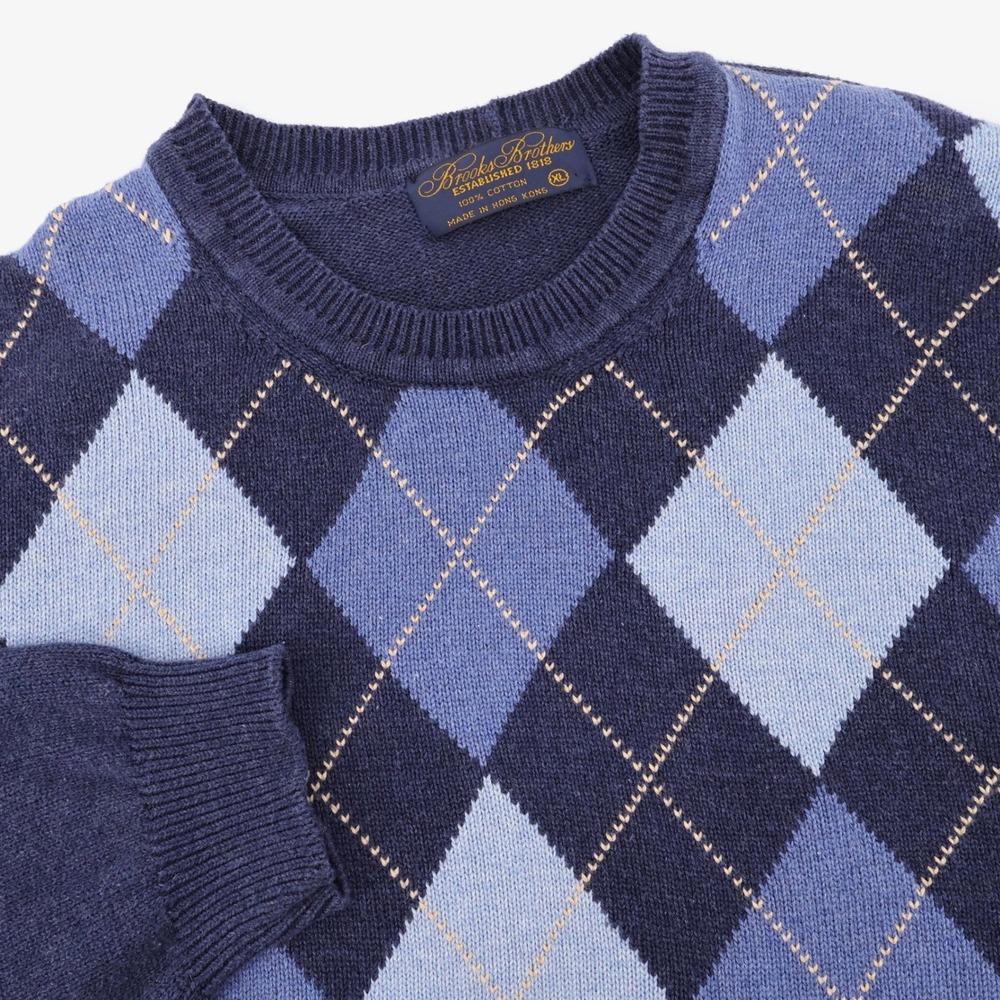 Vintage 1990s Brooks Brothers Argyle Cotton Crewneck‎ Sweater Navy Blue Mens XL